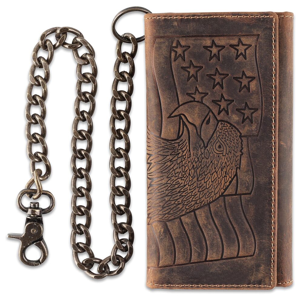 4911 RFID Blocking Tri-fold Long Style Cowhide Leather Steel Chain